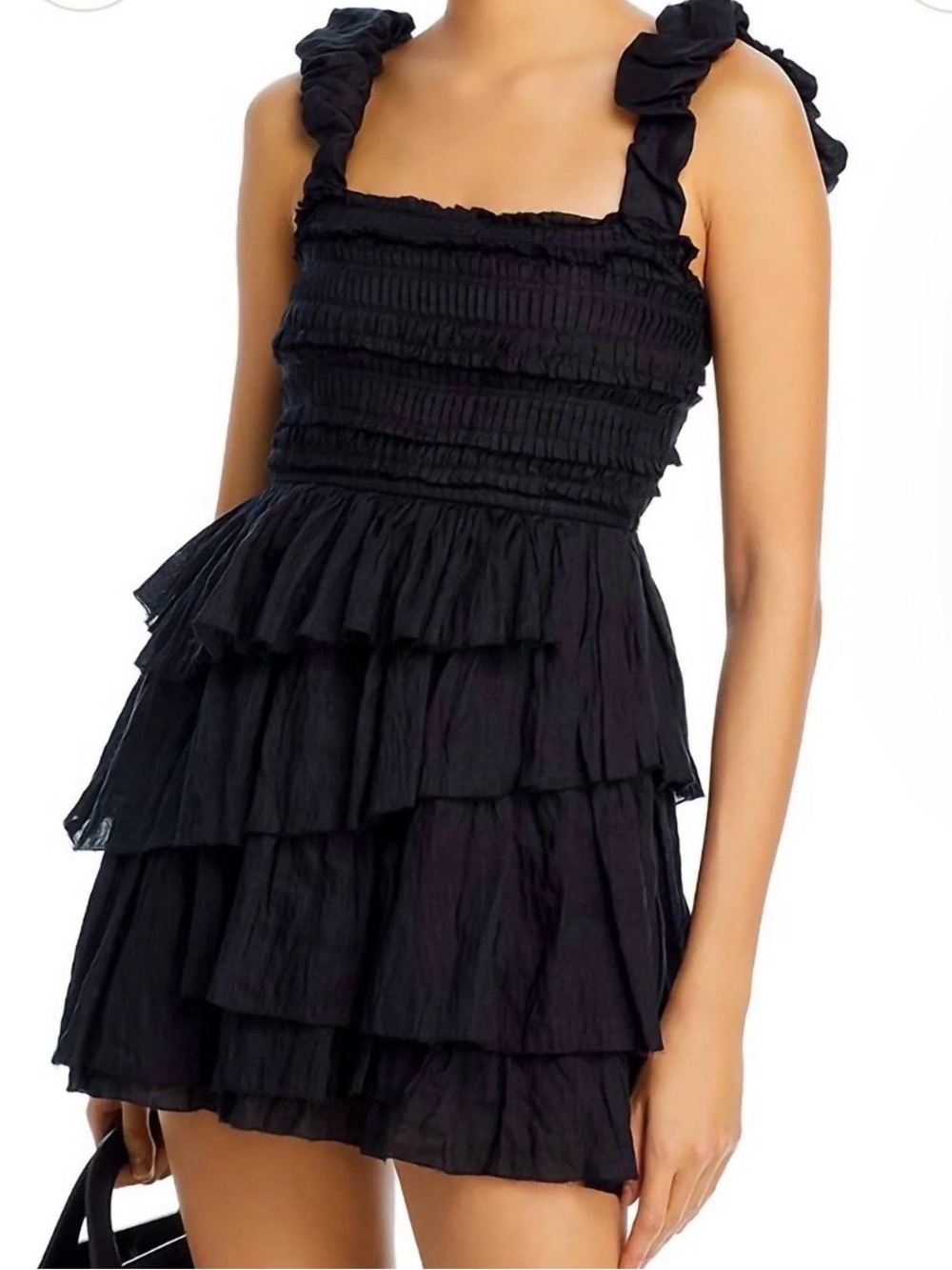 Sea Black Ruffled Tiered Mini Dress with Shirred Bodice